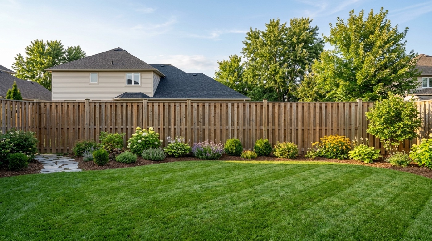 After: the same backyard transformed — a striped green lawn, edged planting beds, and a stone path along the same wooden fence