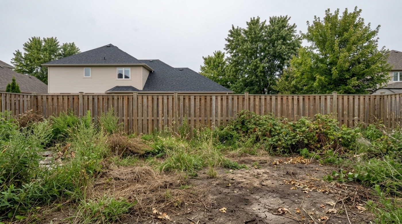 Before: the same backyard neglected and overgrown — tall weeds, patchy dead grass, and bare dirt behind the wooden fence